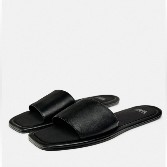 Zara Flat leather sandals women’s size 10 in black minimalist neutral MSRP $69 - Picture 2 of 7